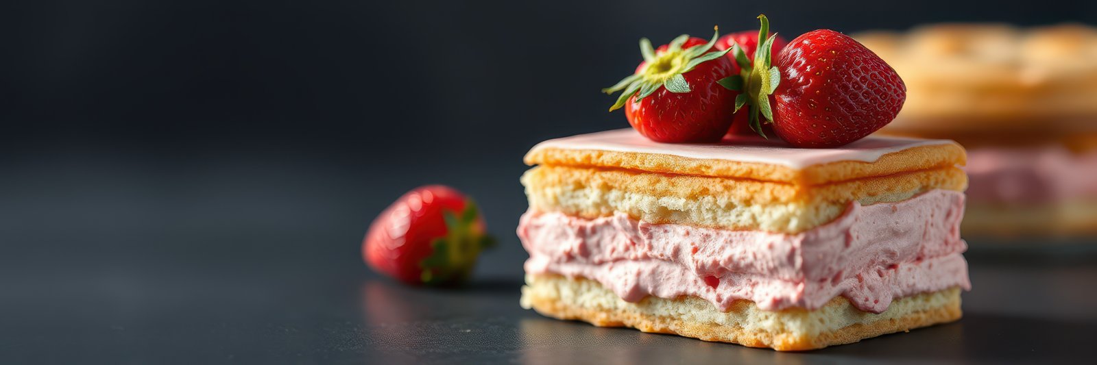 Strawberry dessert slice with cream filling on a dark background during a sunny afternoon